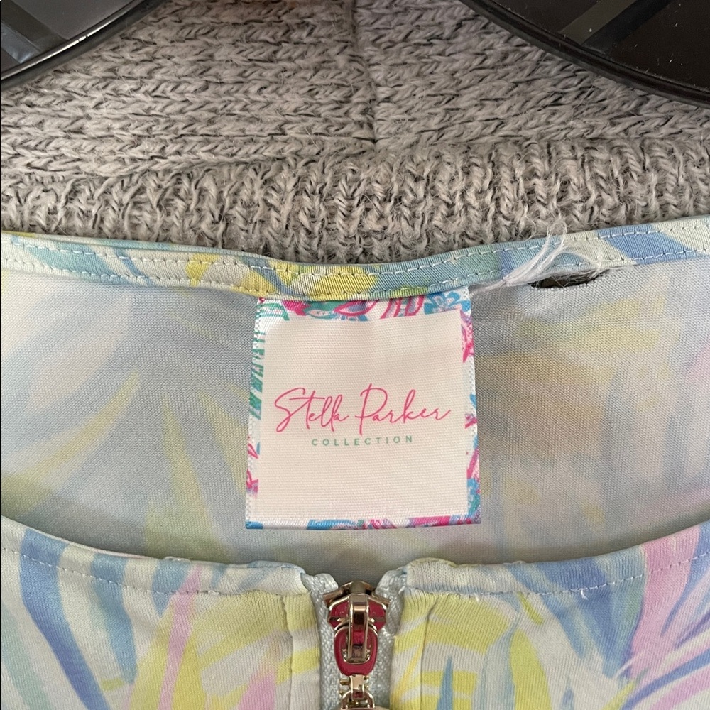 Stella Parker Women Tropical Dress Pink Blue Green 2 Pocket Size Large - Picture 2 of 7